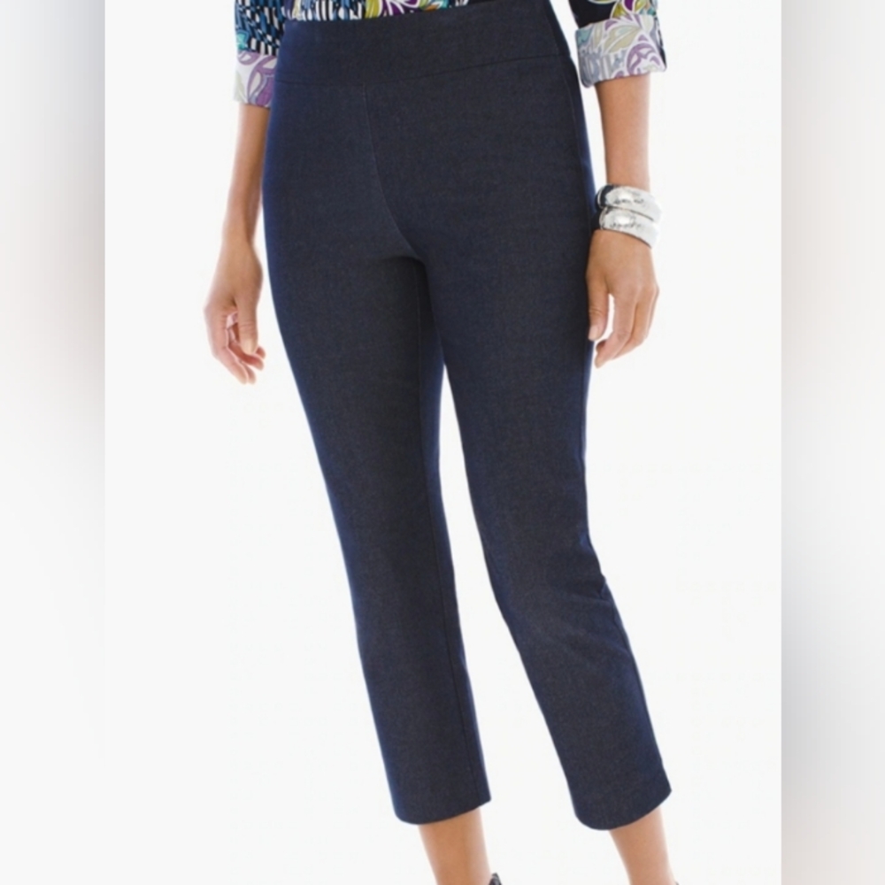 💙 CHICO'S "SO SLIMMING" Brigitte Cropped Pull On Dark Wash Denim Pants Size M 8